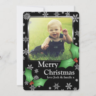 Snowflakes and Holly on Black Custom Photo Holiday Card
