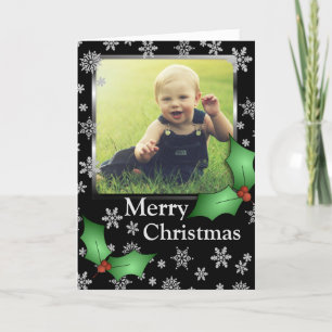 Snowflakes and Holly on Black Custom Photo Holiday Card