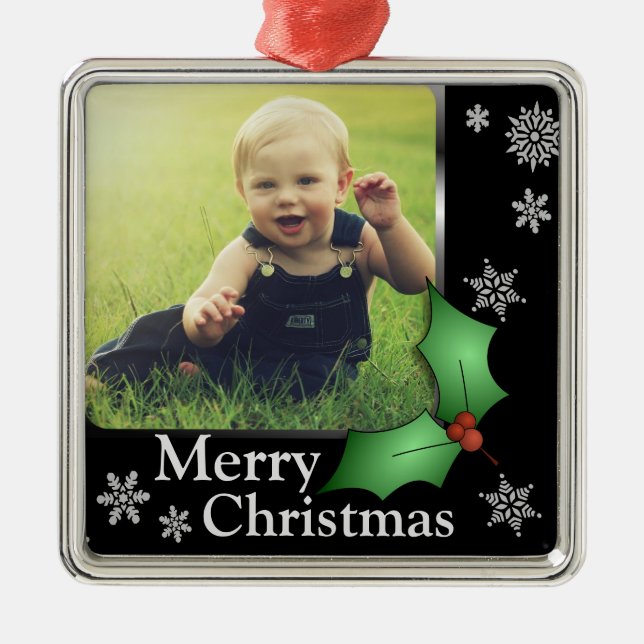 Snowflakes and Holly on Black Elegant Photo Metal Tree Decoration (Front)