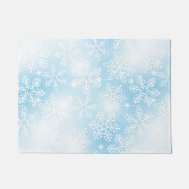 Snowflakes and lights on blue doormat (Front)