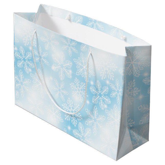 Snowflakes and lights on blue large gift bag (Back Angled)