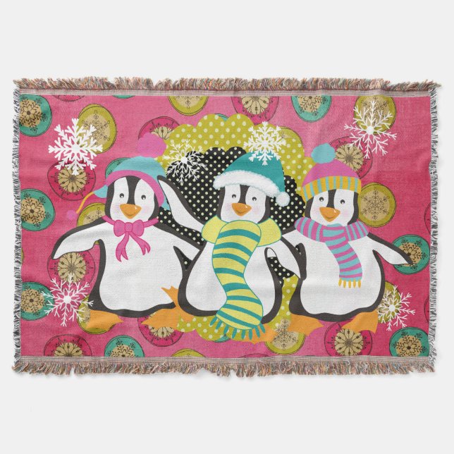 Snowflakes and Orbs Penguins Holiday Throw Blanket (Front)