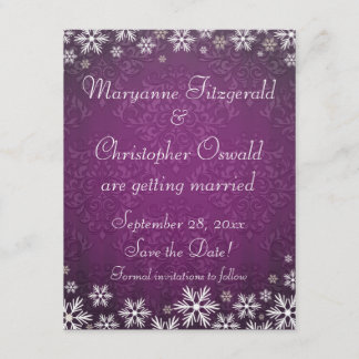 Snowflakes and Purple Damask Save the Date Invitation