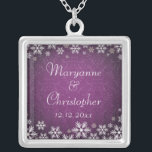 Snowflakes and Purple Damask Silver Plated Necklace<br><div class="desc">An elegant wedding design for a winter wedding or Christmas wedding featuring snowflakes on a purple coloured background with a subtle damask pattern. Customise the text for your own special day. This coordinates with the Snowflakes and Purple Damask Wedding Collection and is available in a range of colours. Please contact...</div>