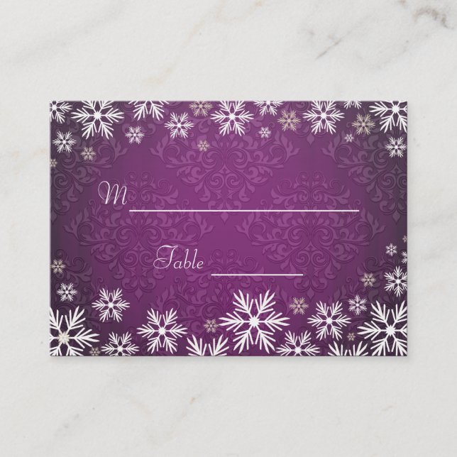 Snowflakes and Purple Damask Wedding Place Setting Card (Front)