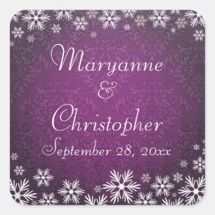 Snowflakes and Purple Damask Wedding Square Sticker