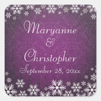 Snowflakes and Purple Damask Wedding Square Sticker