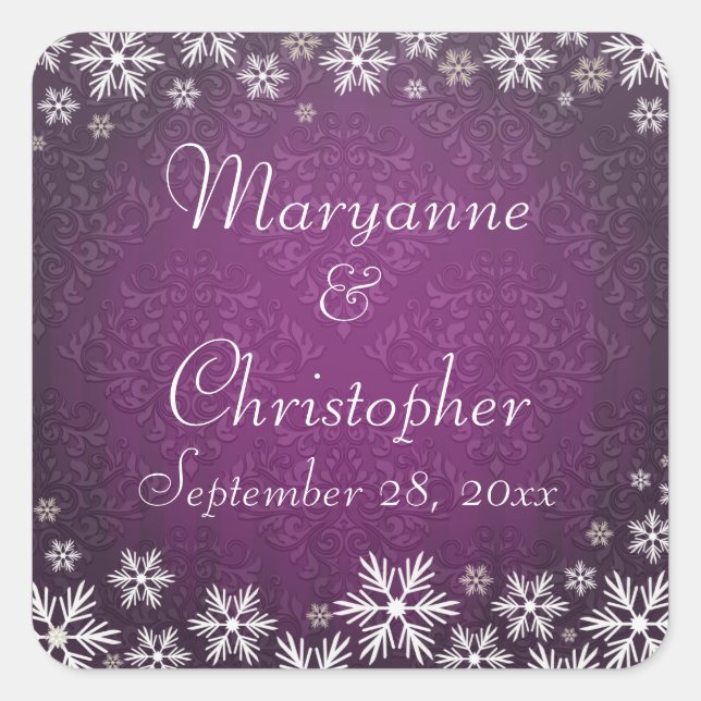Snowflakes and Purple Damask Wedding Square Sticker (Front)