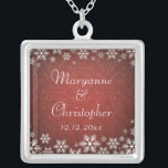 Snowflakes and Red Damask Silver Plated Necklace<br><div class="desc">An elegant wedding design for a winter wedding or Christmas wedding featuring snowflakes on a red coloured background with a subtle damask pattern. Customise the text for your own special day. This coordinates with the Snowflakes and Red Damask Wedding Collection and is available in a range of colours. Please contact...</div>