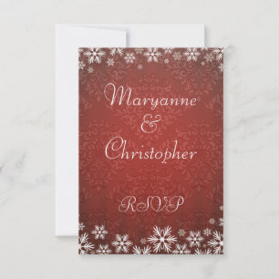 Snowflakes and Red Damask Wedding RSVP Card