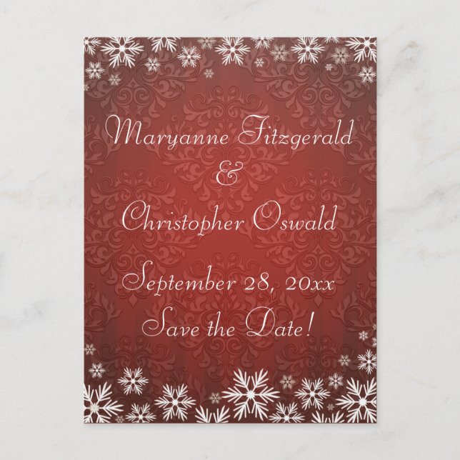 Snowflakes and Red Damask Wedding Save the Date Announcement Postcard (Front)