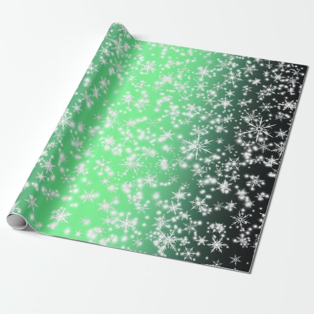 Snowflakes and Sparkles over Green Light Wrapping Paper (Unrolled)