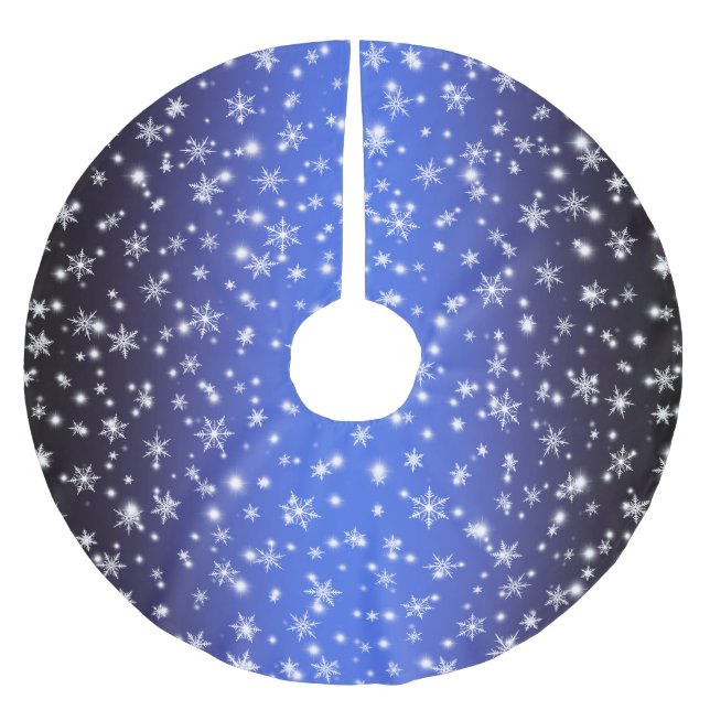 Snowflakes and Sparkles over Navy Blue Light Brushed Polyester Tree Skirt (Front)