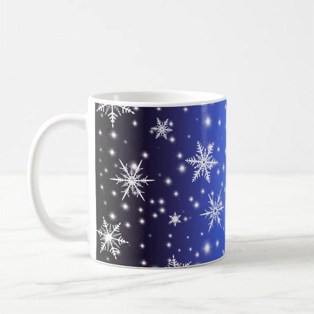 Snowflakes and Sparkles over Navy Blue Light Coffee Mug (Left)