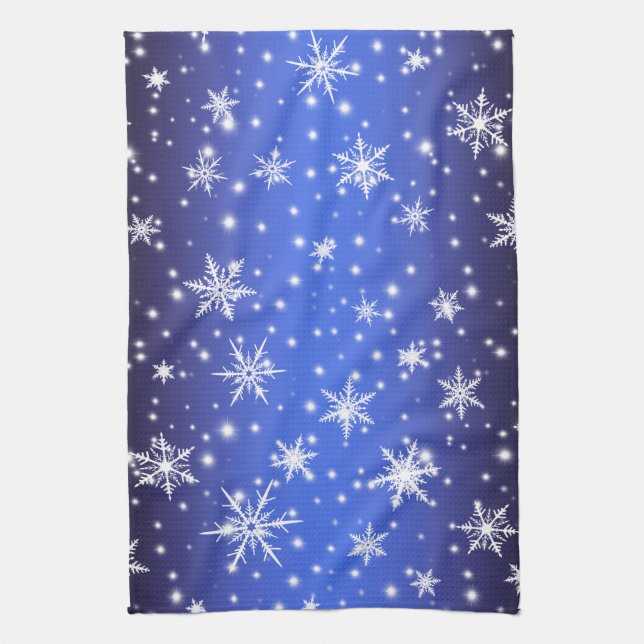 Snowflakes and Sparkles over Navy Blue Light Tea Towel (Vertical)