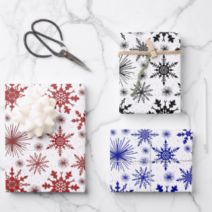 Snowflakes And Sparkles Red Black And Blue Wrapping Paper Sheet