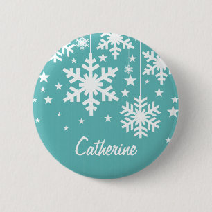 Snowflakes and Stars Button, Aqua 6 Cm Round Badge