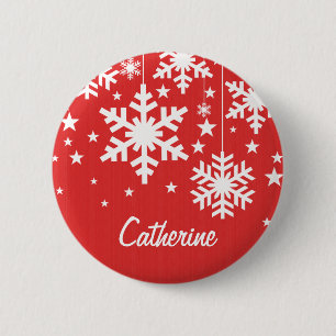 Snowflakes and Stars Button, Red 6 Cm Round Badge