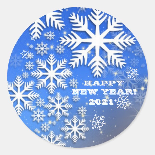 Snowflakes and Stars Happy New Year 2001 Classic Round Sticker (Front)