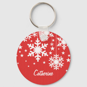 Snowflakes and Stars Keychain, Red Key Ring