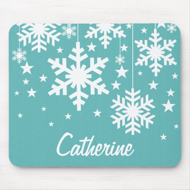 Snowflakes and Stars Mousepad, Aqua Mouse Pad (Front)