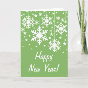 Snowflakes and Stars New Year's Card, Green Holiday Card