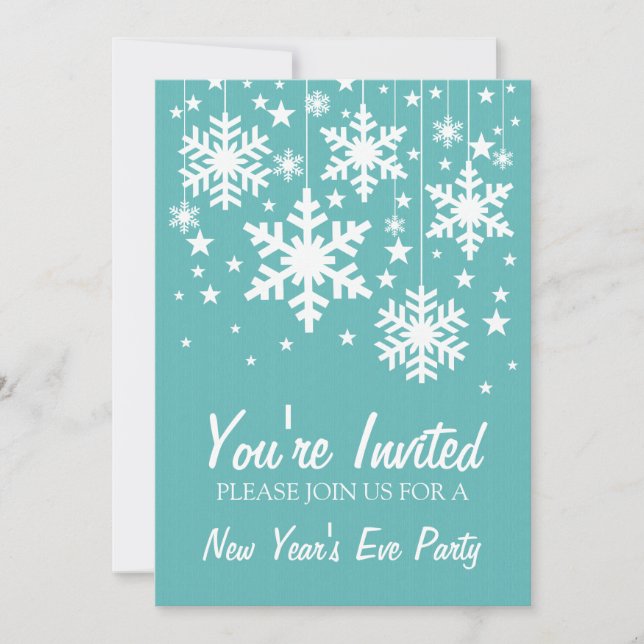 Snowflakes and Stars New Year's Invite, Aqua Invitation (Front)
