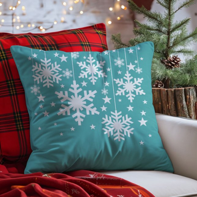 Snowflakes and Stars Pillow, Aqua Cushion (Aqua Snowflakes and Stars Christmas Throw Pillow)
