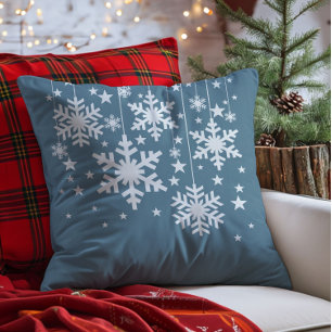 Snowflakes and Stars Pillow, Blue Cushion