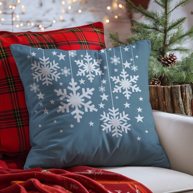Snowflakes and Stars Pillow, Blue Cushion (Blue Snowflakes and Stars Christmas Throw Pillow)
