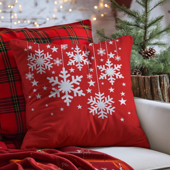 Snowflakes and Stars Pillow, Red Cushion (Red Snowflakes and Stars Christmas Throw Pillow)