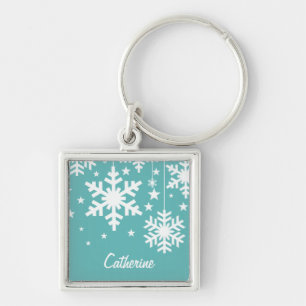 Snowflakes and Stars Premium Keychain, Aqua Key Ring