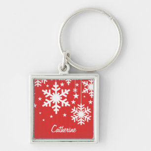 Snowflakes and Stars Premium Keychain, Red Key Ring