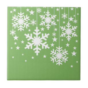 Snowflakes and Stars Tile, Green Tile