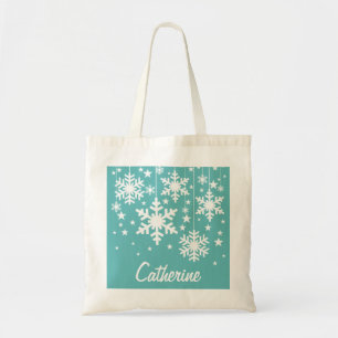 Snowflakes and Stars Tote Bag, Aqua