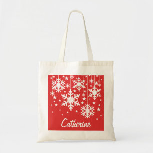 Snowflakes and Stars Tote Bag, Red Bag