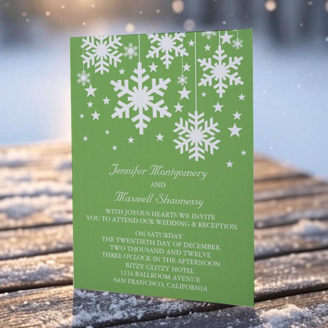 Snowflakes and Stars Wedding Invite, Green Invitation (Green Snowflakes and Stars Wedding Invitation)