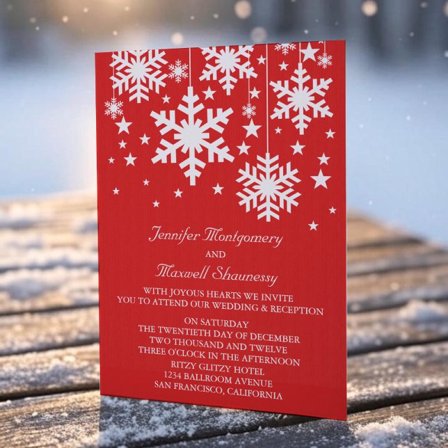 Snowflakes and Stars Wedding Invite, Red Invitation (Red Snowflakes and Stars Wedding Invitation)