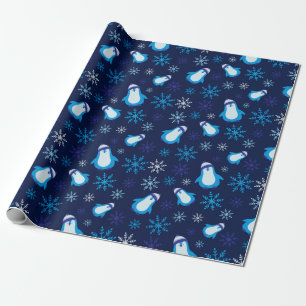 Snowflakes and Winter Penguins Dark Navy Seamless Wrapping Paper