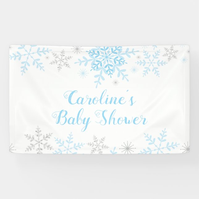 Snowflakes Baby Boy Shower Blue and Silver Glitter Banner (Horizontal)