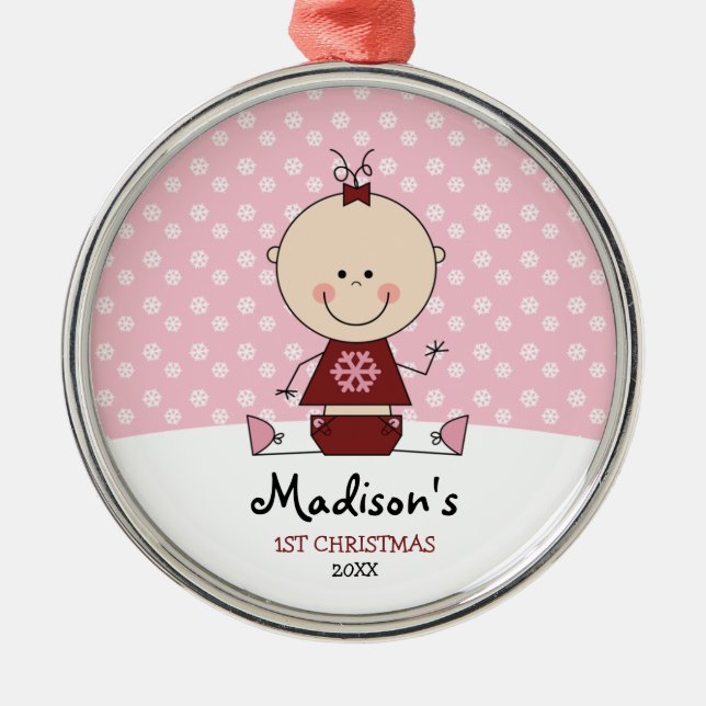 Snowflakes Baby Girl 1st Christmas Personalised Metal Tree Decoration (Front)