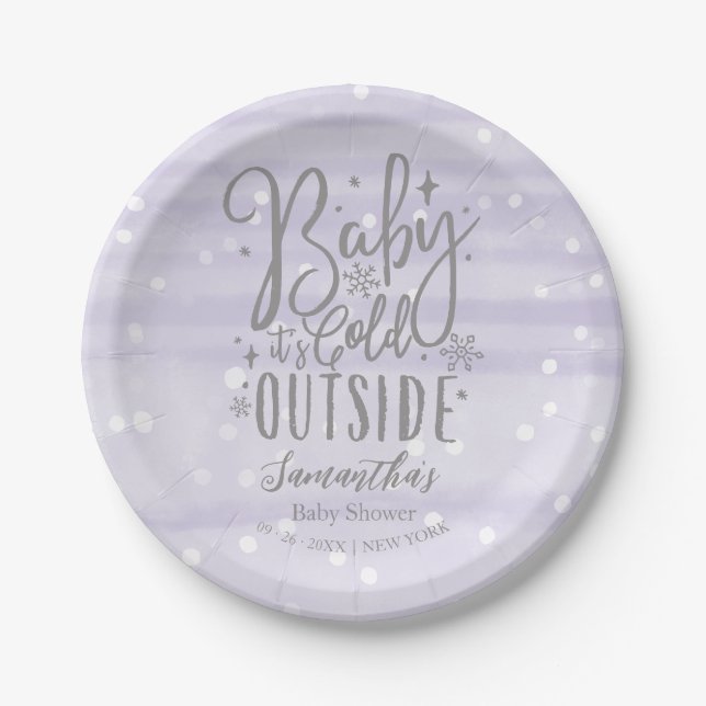 Snowflakes Baby It's Cold Outside Baby Shower Paper Plate (Front)