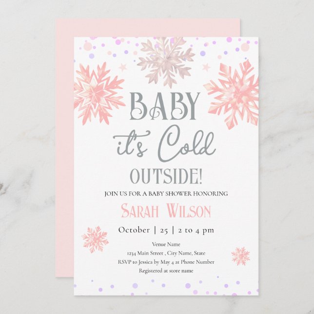 Snowflakes Baby It's Cold Outside Baby Shower Pink Invitation (Front/Back)