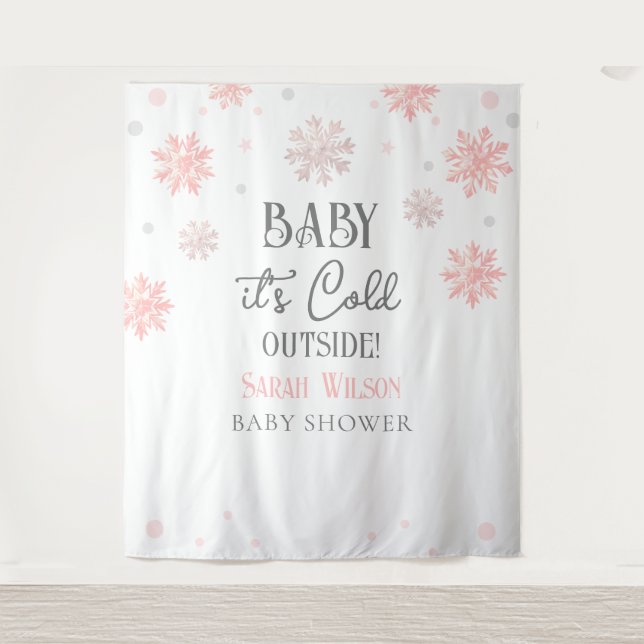 Snowflakes Baby it's cold outside baby shower Pink Tapestry (Front)