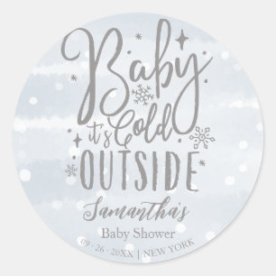 Snowflakes Baby It's Cold Outside Boy Baby Shower Classic Round Sticker