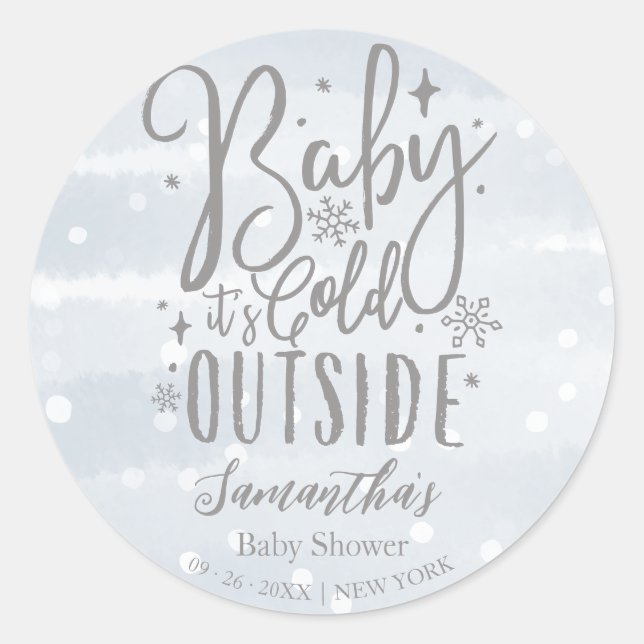 Snowflakes Baby It's Cold Outside Boy Baby Shower Classic Round Sticker (Front)