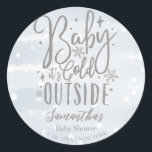 Snowflakes Baby It's Cold Outside Boy Baby Shower Classic Round Sticker<br><div class="desc">Snowflakes Baby It's Cold Outside Boy Baby Shower Classic Round Sticker</div>