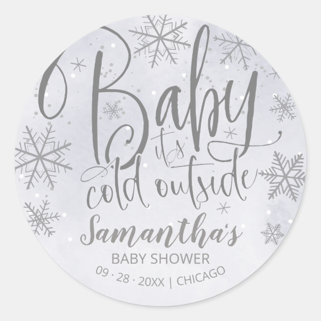 Snowflakes Baby It's Cold Outside Grey Baby Shower Classic Round Sticker (Front)