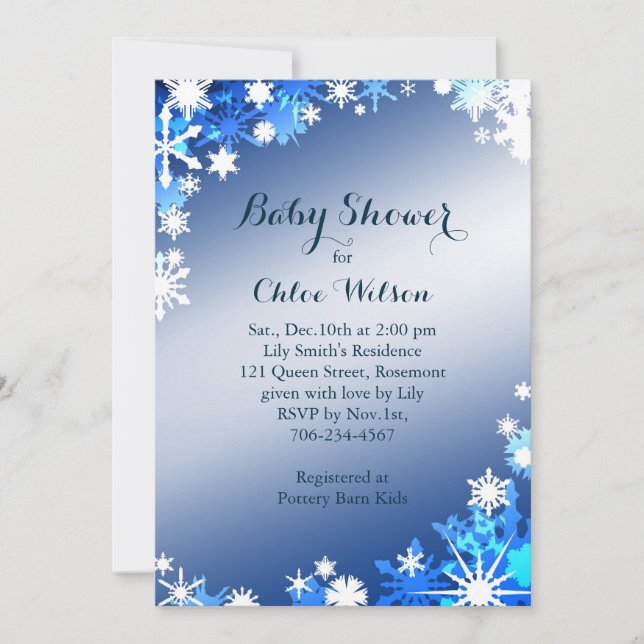 Snowflakes Baby Shower Invitation in Blue (Front)