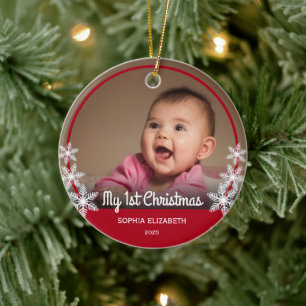 Snowflakes Baby's First Christmas Photo Red Ceramic Tree Decoration